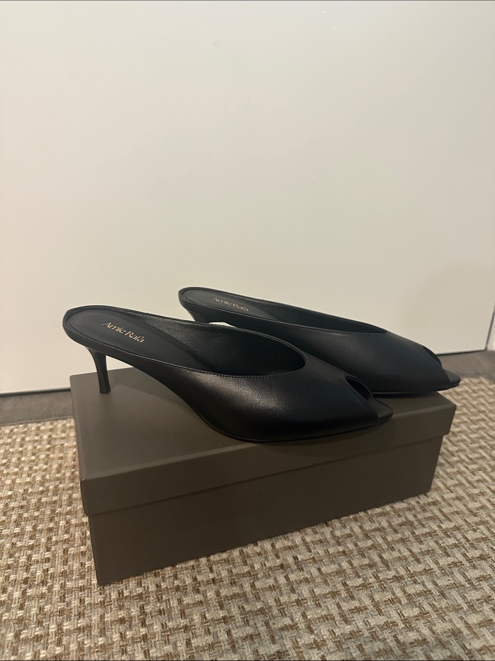 Amie Rafa Black Leather Peep-Toe Mule Heels